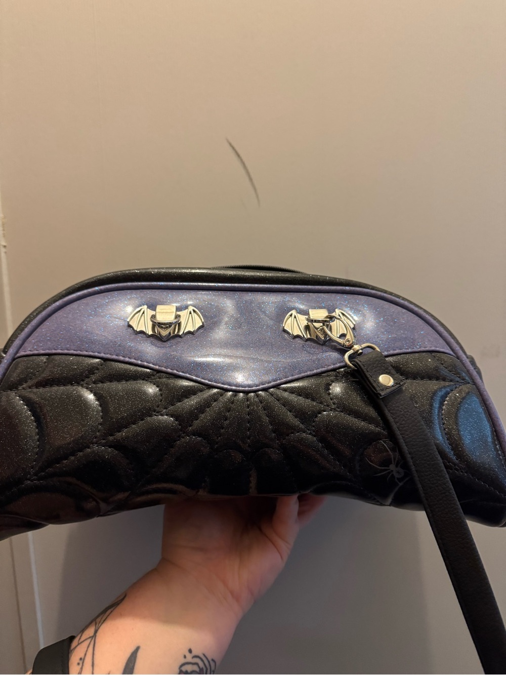 Double K Originals Black and Purple spiderweb and bat hardware purse